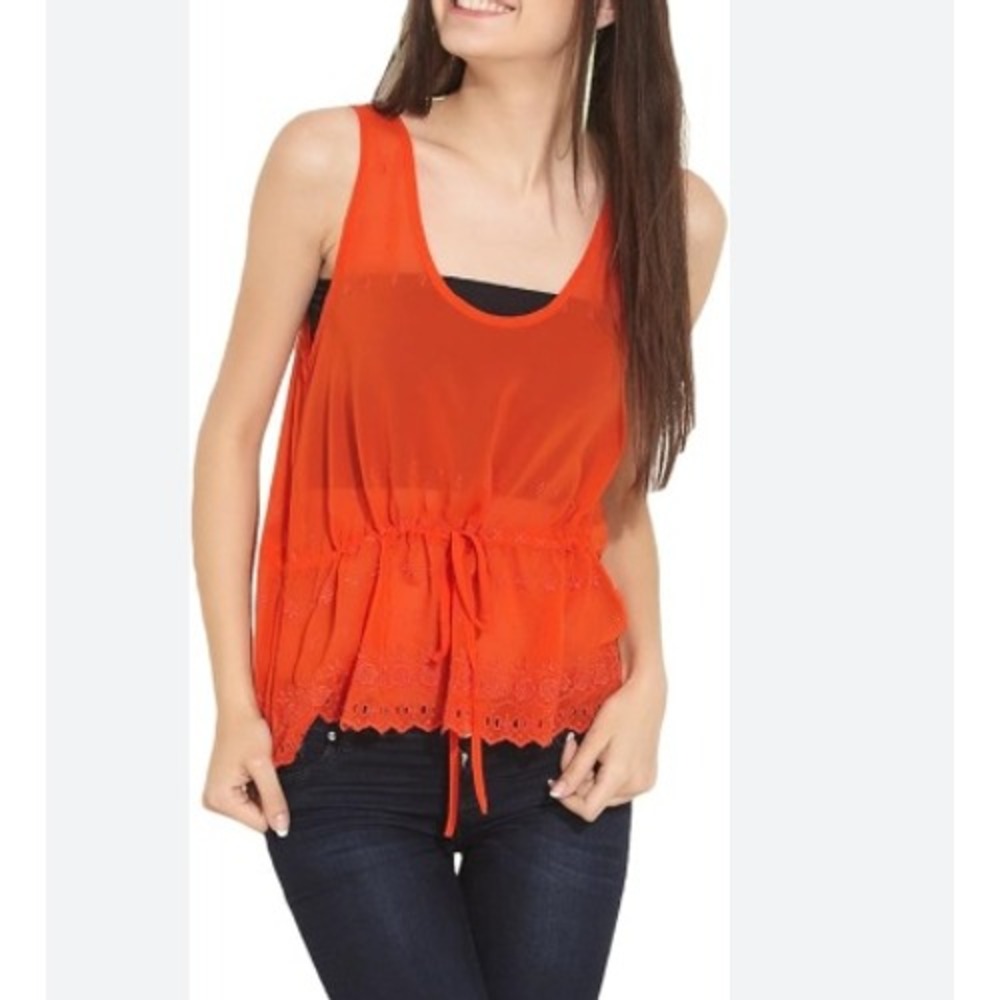 French Connection Scoop Neck Tie Waist Eyelet Sleeveless Top 0